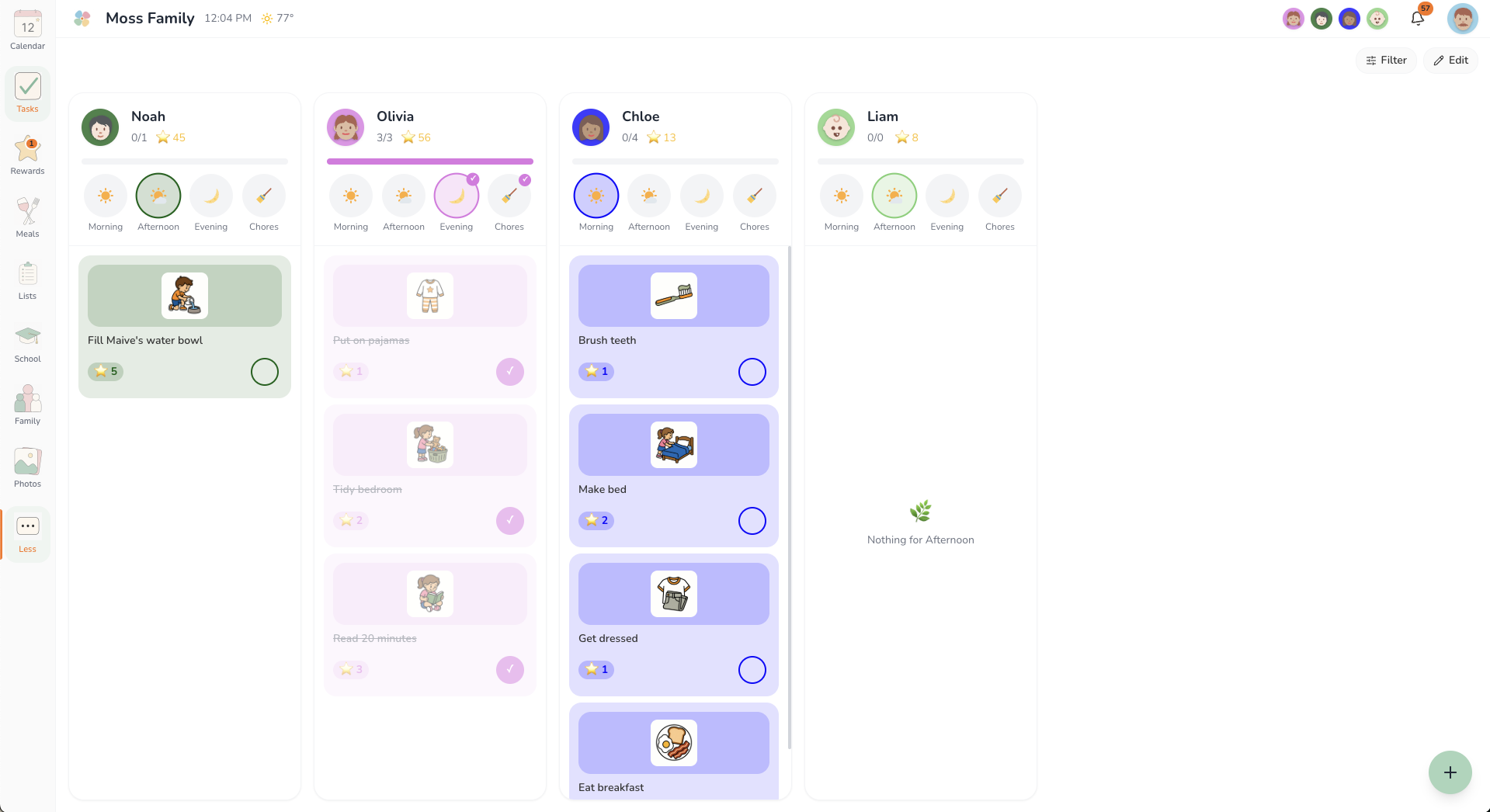 A parent overview showing several kids’ chore lists side by side.