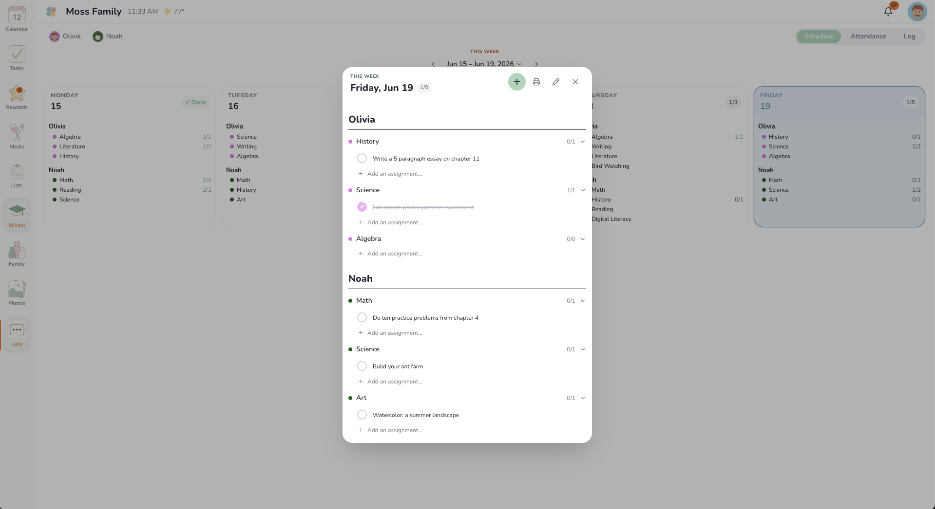 A weekly school planner with each child’s subjects and checkable assignments.